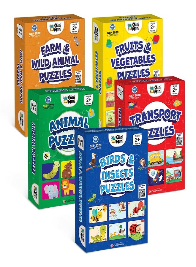 GiniMini 2 Piece Jigsaw Puzzles for Kids, Toddlers, Babies | Set of 5 - Transport, Fruits & Vegetables, Insects & Birds, Wild & Farm Animals, Educational Toy for Age 1, 2, 3 & Above - Image 1